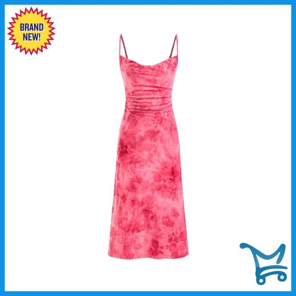 Dresses & Skirts - Velvet Midi Slip Dress Floral Print Ruched Sleeveless Chic Party Wear